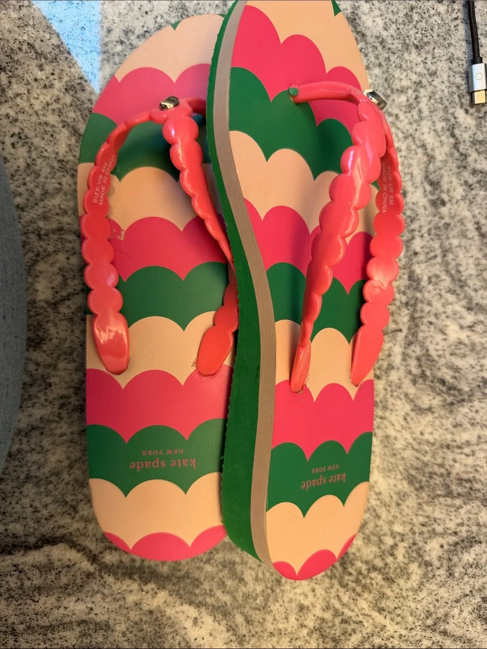 kate spade Pink, Coral & Green Scallop Strap Flip Flops